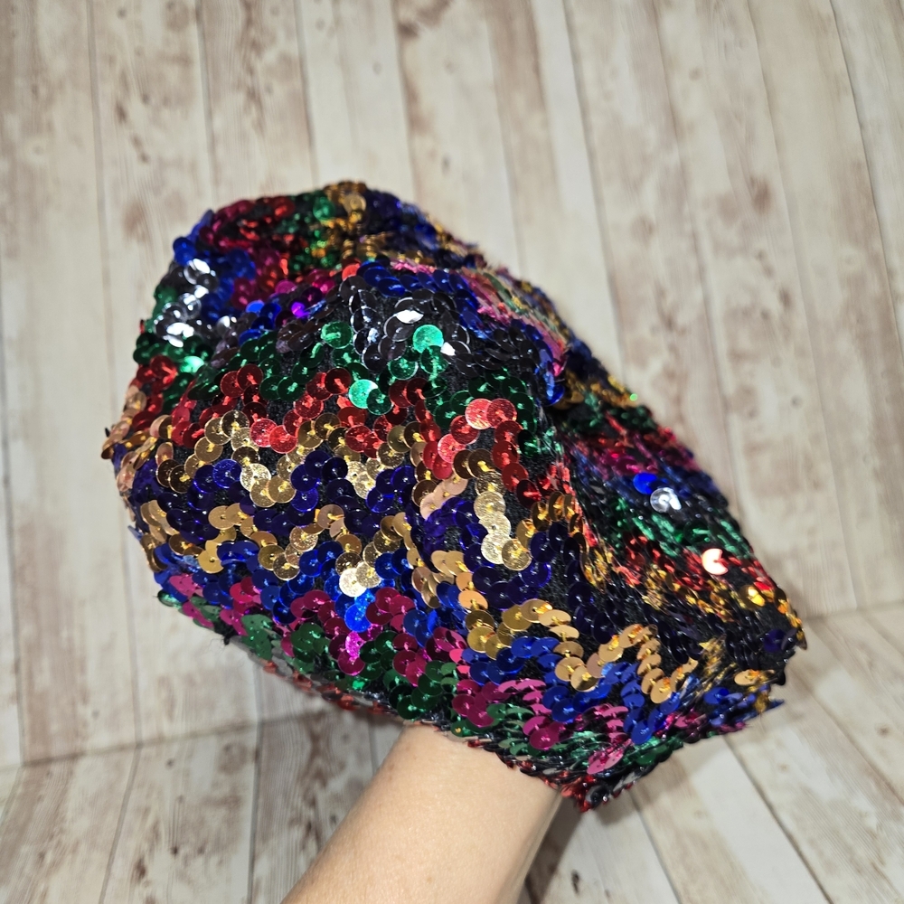 Vintage Multicolor Sequin Beret Hat Sparkly Disco Festival Statement Cap - Picture 8 of 10